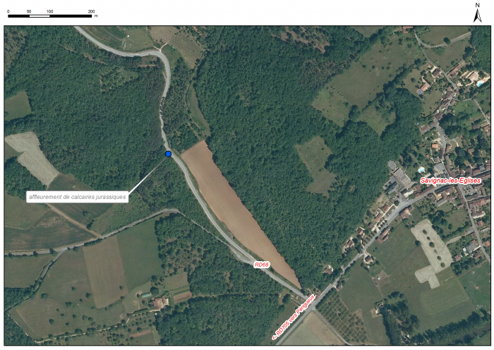Localisation des affleurements décrits pour le site "Affleurement de calcaires" (commune de Savignac-les-Eglises)
