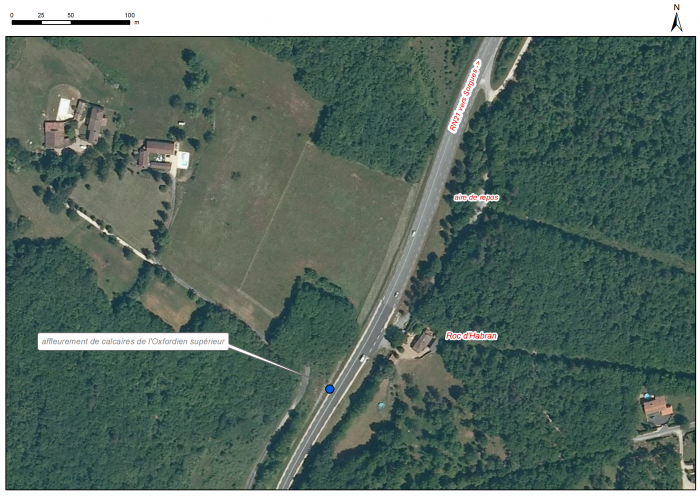 Localisation des affleurements décrits pour le site "Roc d'Habran" (commune de Sorges)