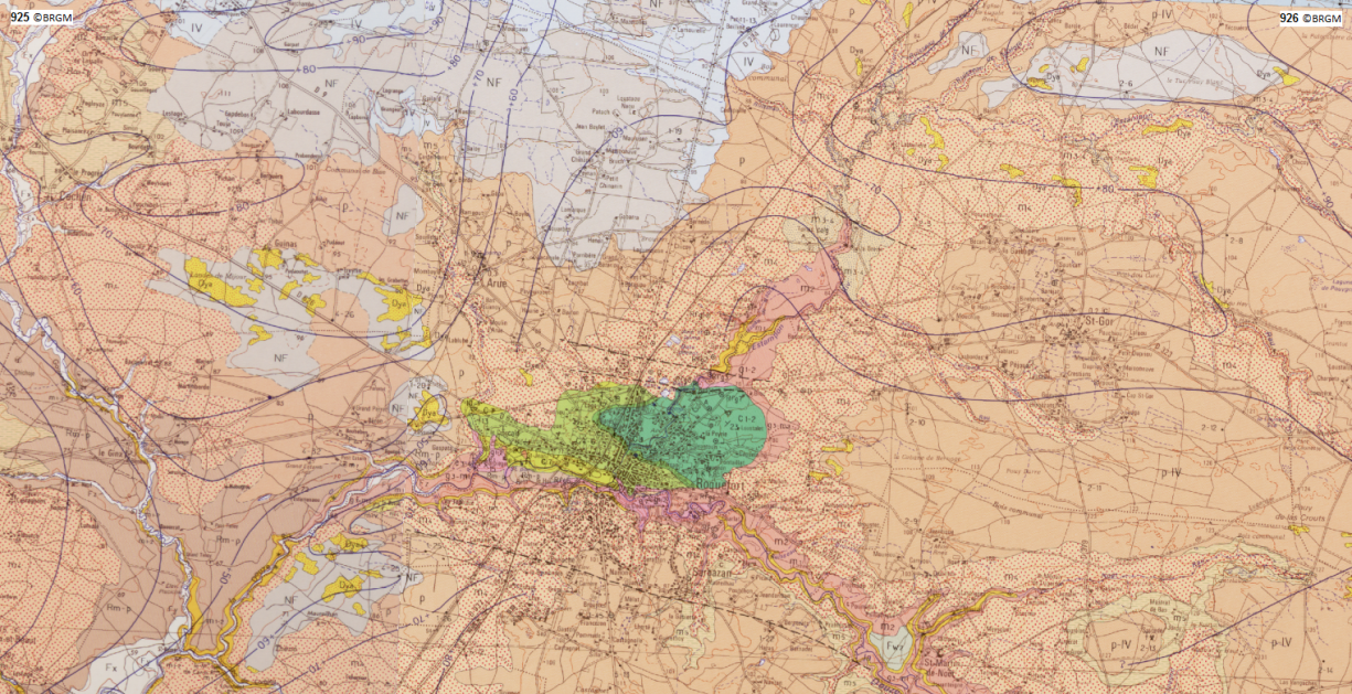Extrait des cartes géologiques au 1/50 000 de Brocas (925) et Cazaubon (926)
