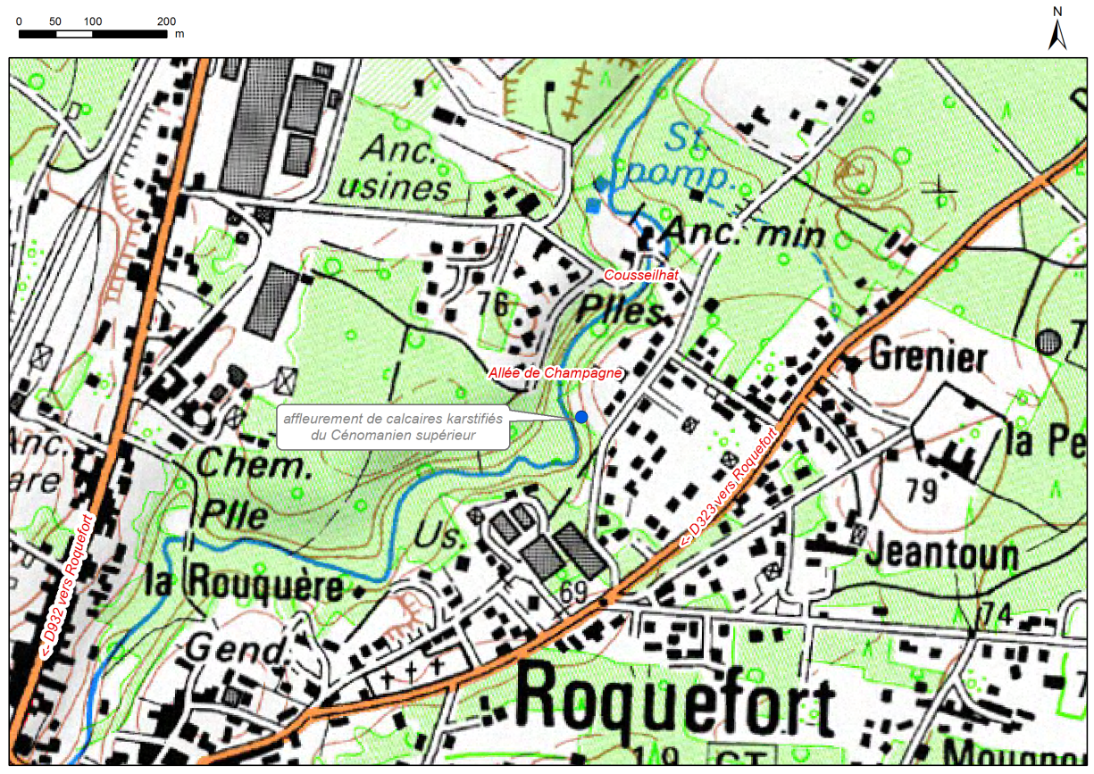 Carte de localisation du site "Falaise Estampon" (commune de Roquefort)