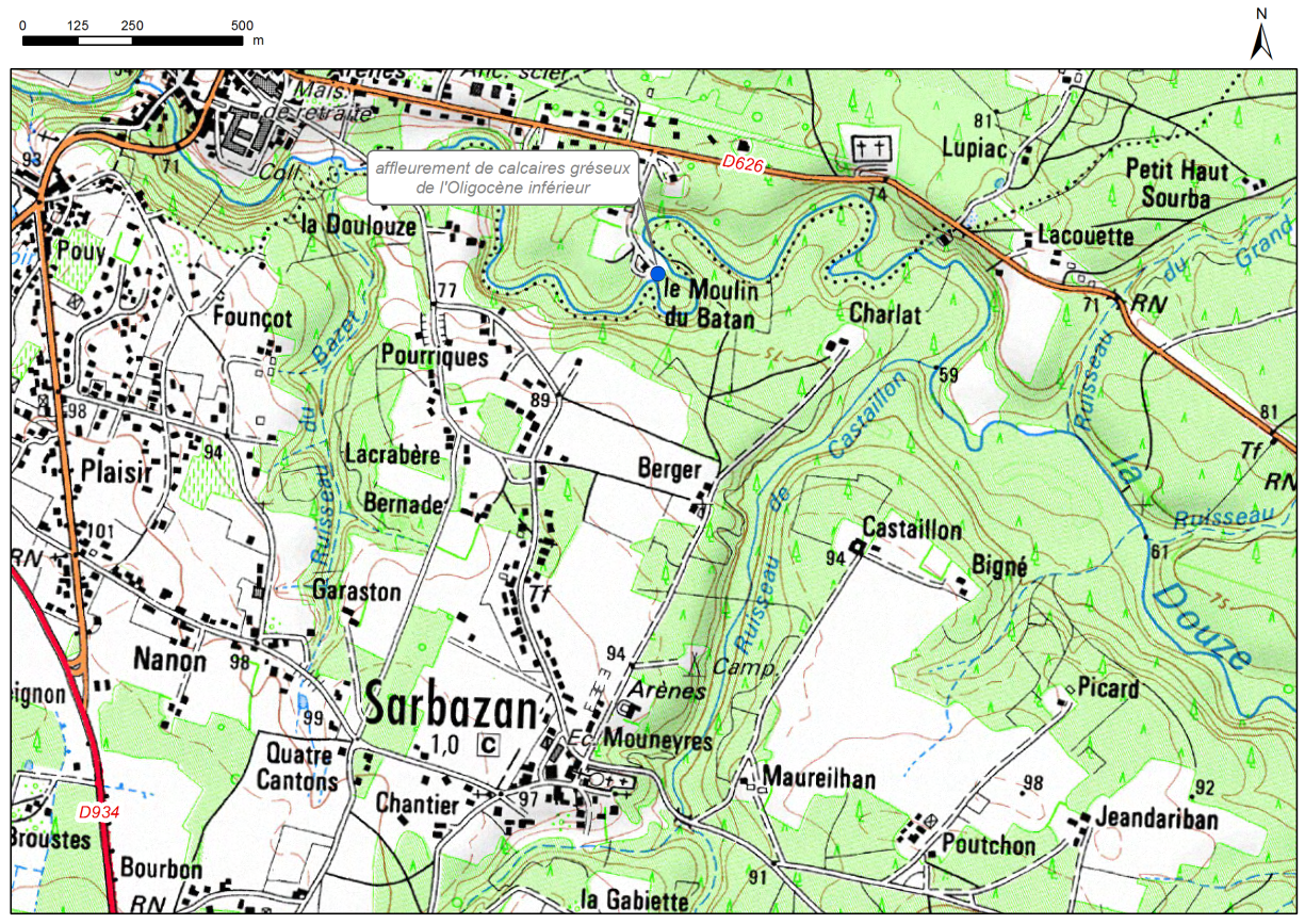 Carte de localisation du site "Falaise Moulin Batan" (commune de Sarbazan)
