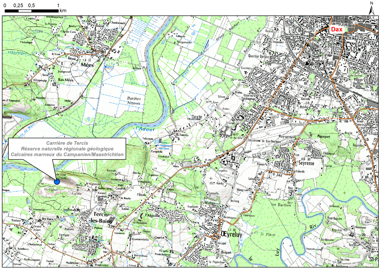 Carte de localisation du site "Réserve Naturelle Régionale géologique des anciennes carrières de Tercis (commune de Tercis-les-Bains)