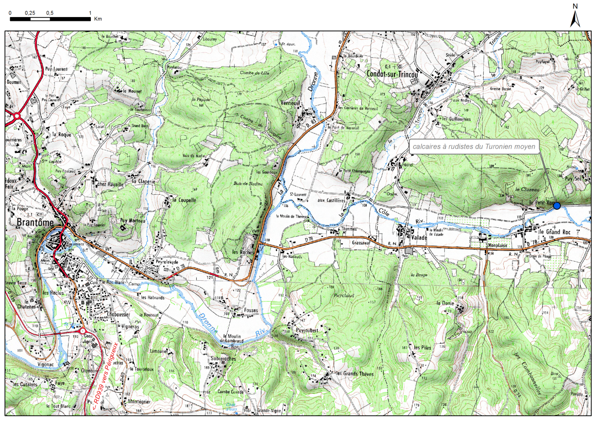 Carte de localisation du site "Petit Roc" (commune de Condat-sur-Trincou))