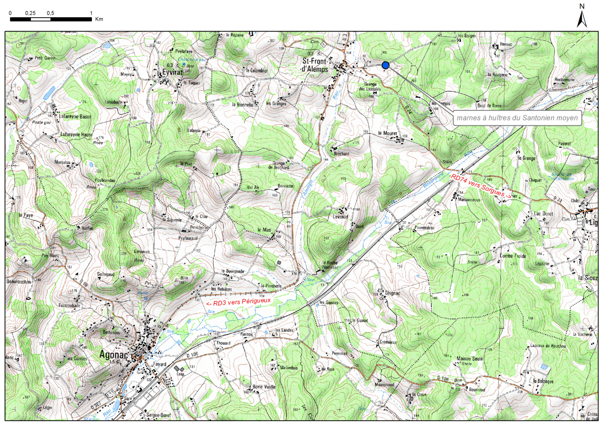 Carte de localisation du site "Affleurement de marnes à huîtres (commune de Saint Front d'Alemps)