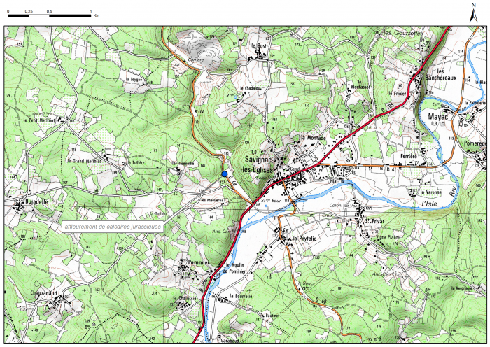 Carte de localisation du site "Affleurement de calcaires" (commune de Savignac-les-Eglises)