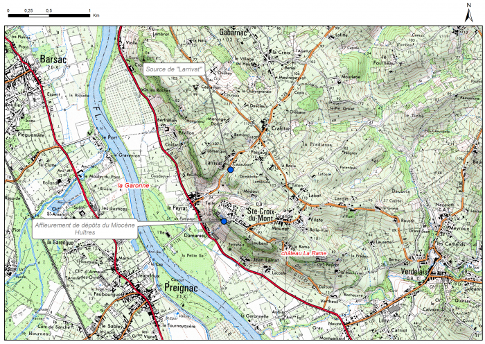 Carte de localisation du site "Falaise d'huîtres fossiles et source" (commune de Sainte-Croix-du-Mont)