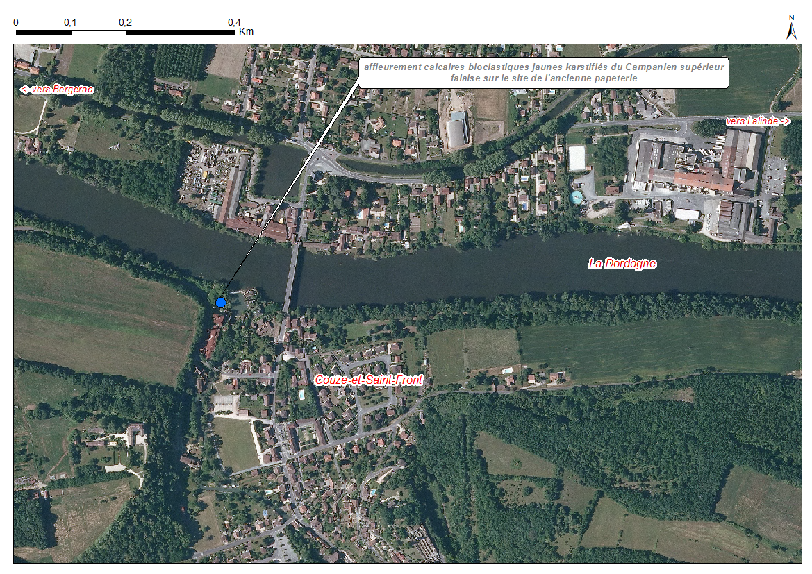 Localisation des affleurements décrits pour le site "Ancienne Papeterie" (commune de Couze-et-Saint-Front)