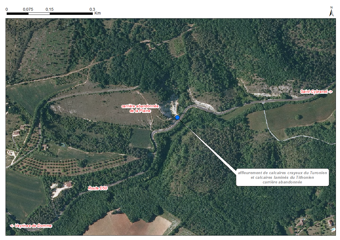 Localisation des affleurements décrits pour le site "Carrière de La Plaine" (commune de Veyrines-de-Domme)