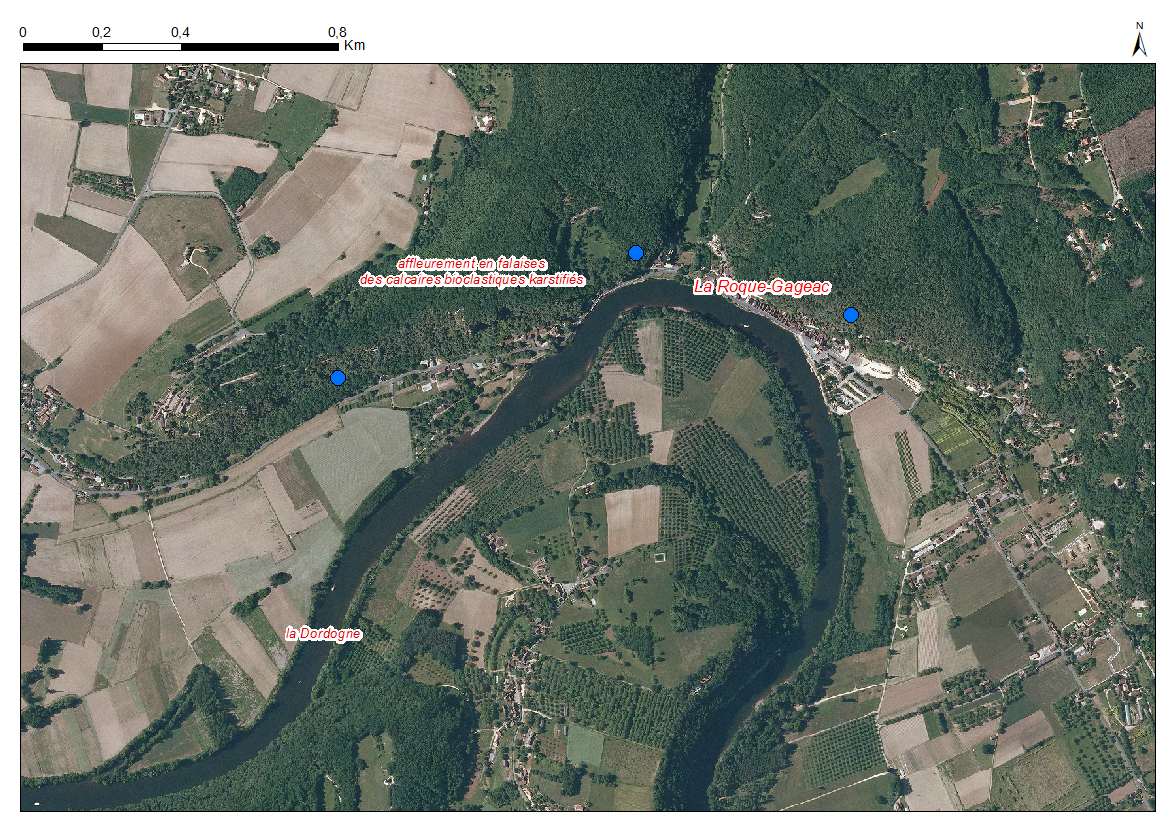 Localisation des affleurements décrits pour le site "Falaises de Malartrie et Marqueyssac" (communes de La Roque-Gageac et Vézac)