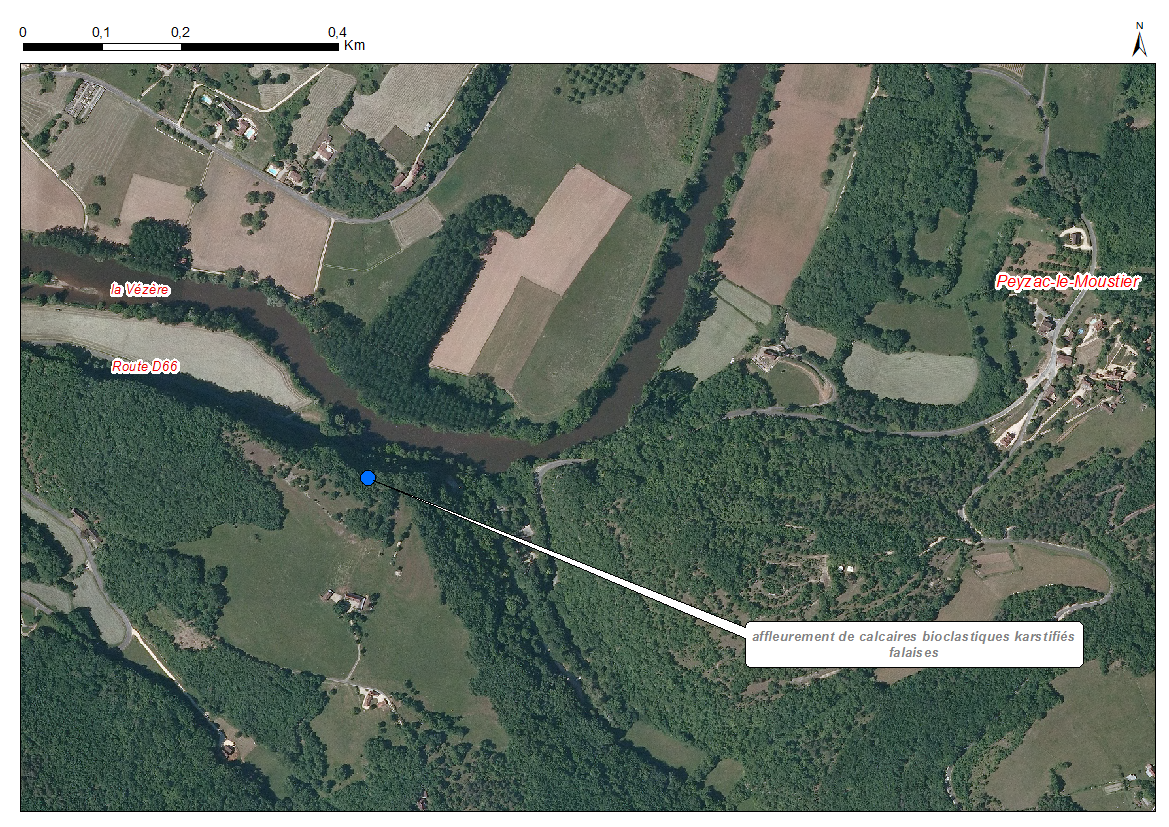 Localisation des affleurements décrits pour le site "Falaise de La Roque-Saint-Christophe" (commune de Peyzac)