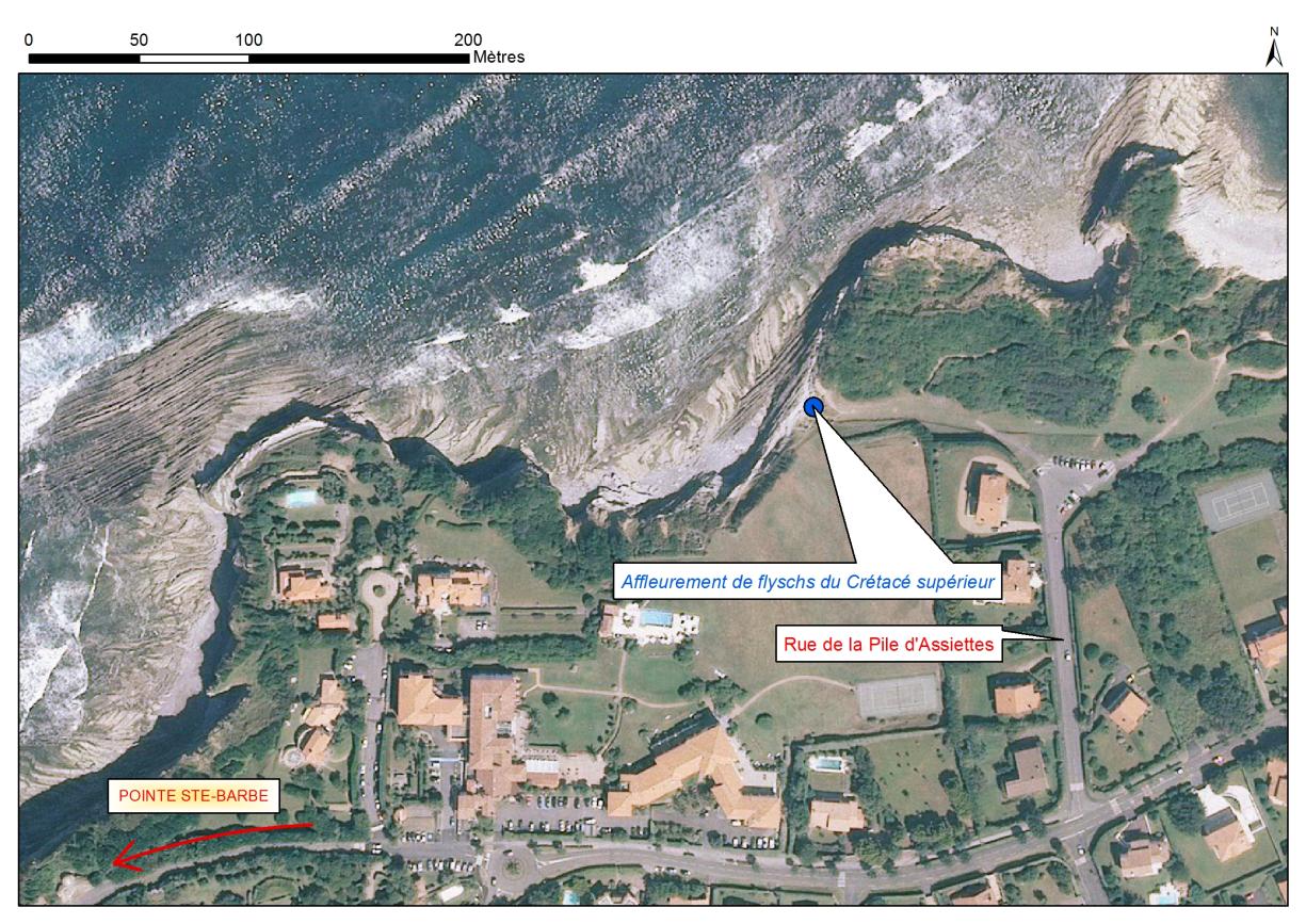 Localisation des affleurements décrits pour le site "Pointe Sainte Barbe" (commune de Saint-Jean-de-Luz)
