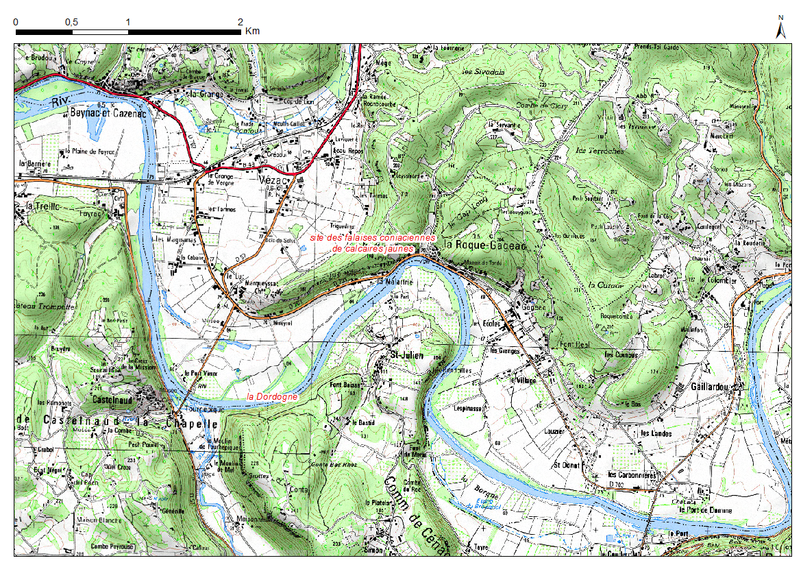 Carte de localisation du site "Falaises de Malartrie et Marqueyssac" (communes de La Roque-Gageac et Vézac)