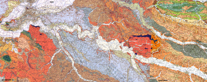 Extrait des cartes géologiques au 1/50 000 de Saint-Vincent-de-Tyrosse (petite partie à l'ouest), Dax (au centre) et Hagetmau (à l'est)