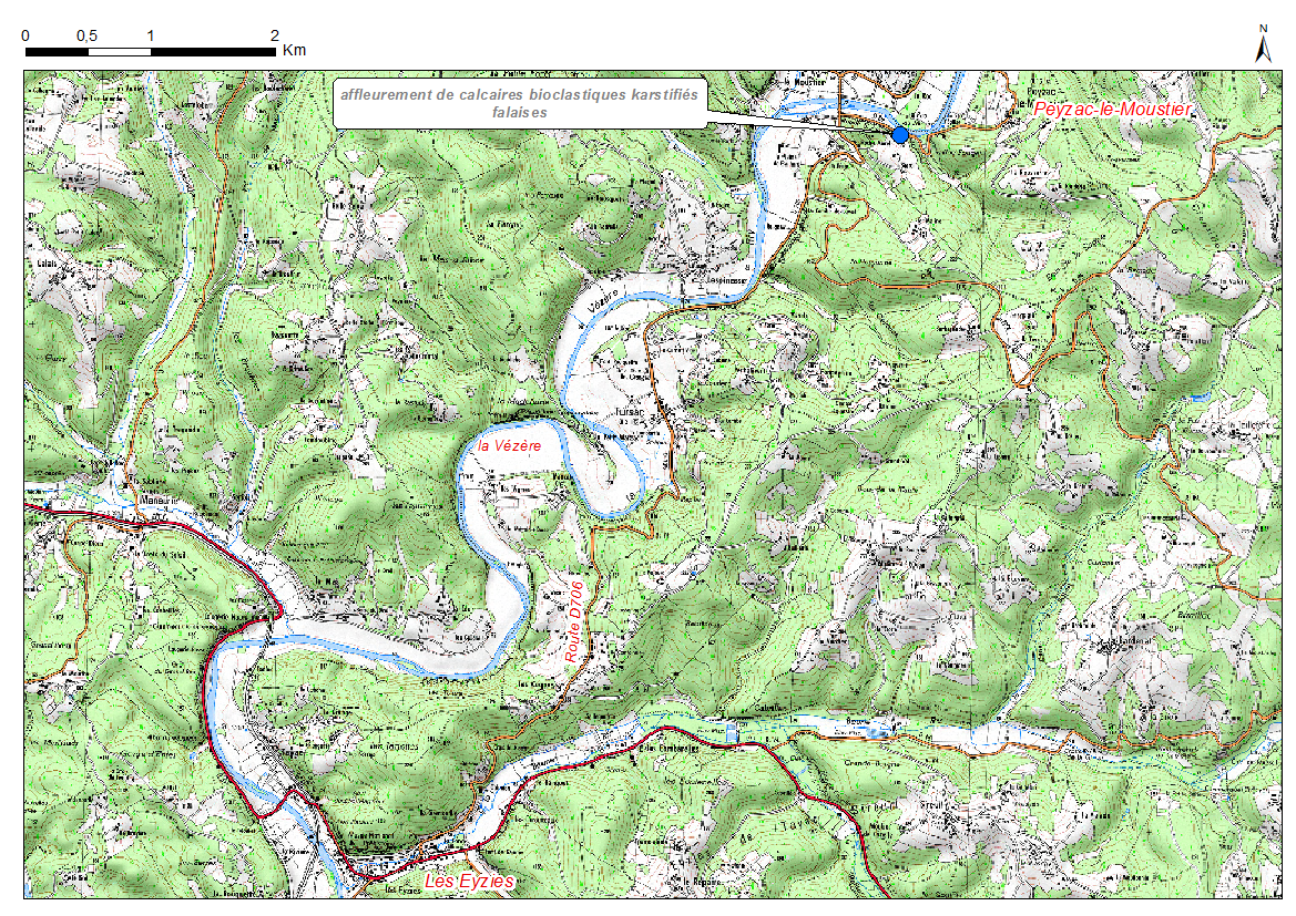 Carte de localisation du site "Falaise de La Roque-Saint-Christophe" (commune de Peyzac)
