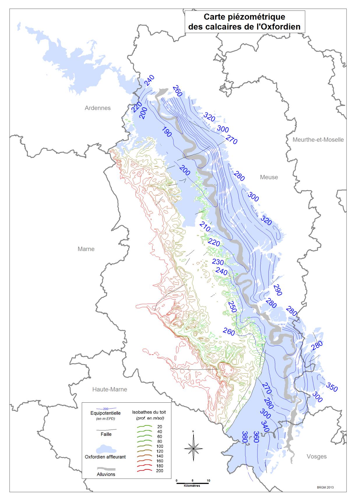 Carte piézométrique des calcaires de l’Oxfordien (BRGM,2013)