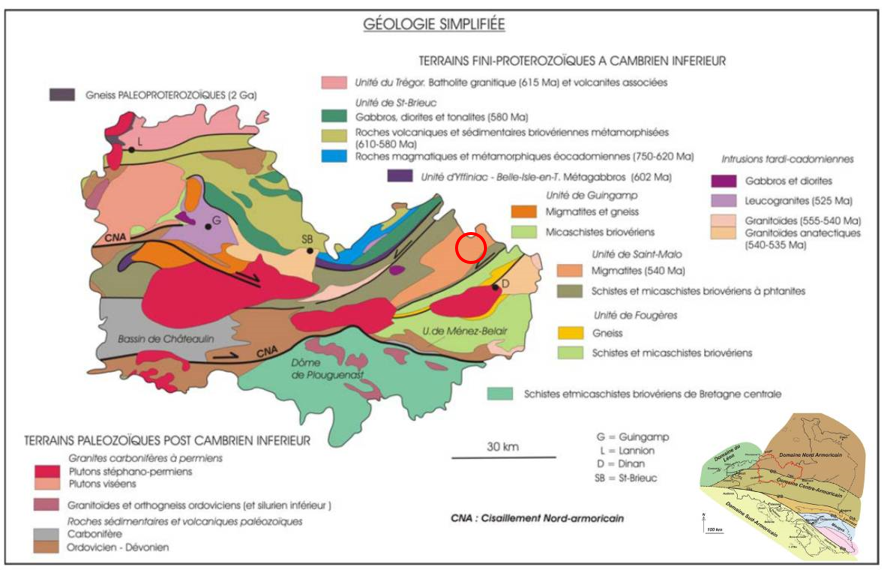Carte géologique schématique d’après la carte géologique de France au 1/1 000 000 (Edition BRGM 1996)
