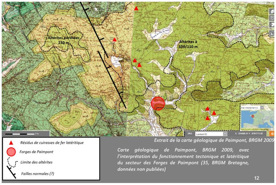 Carte géologique au 1/50 000 modifiée de Guer, avec les résidus de cuirasse de fer latéritique, les forges et la base des altétites meubles