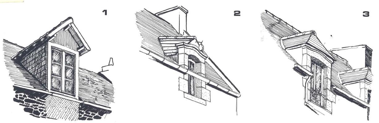 Différents styles de chien-assis ou lucarne de la région