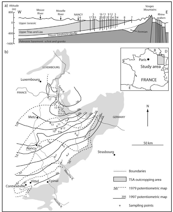 Coupe géologique et carte de localisation sur le secteur d’étude. Extrait de Celle-Jeanton et al., 2009. 