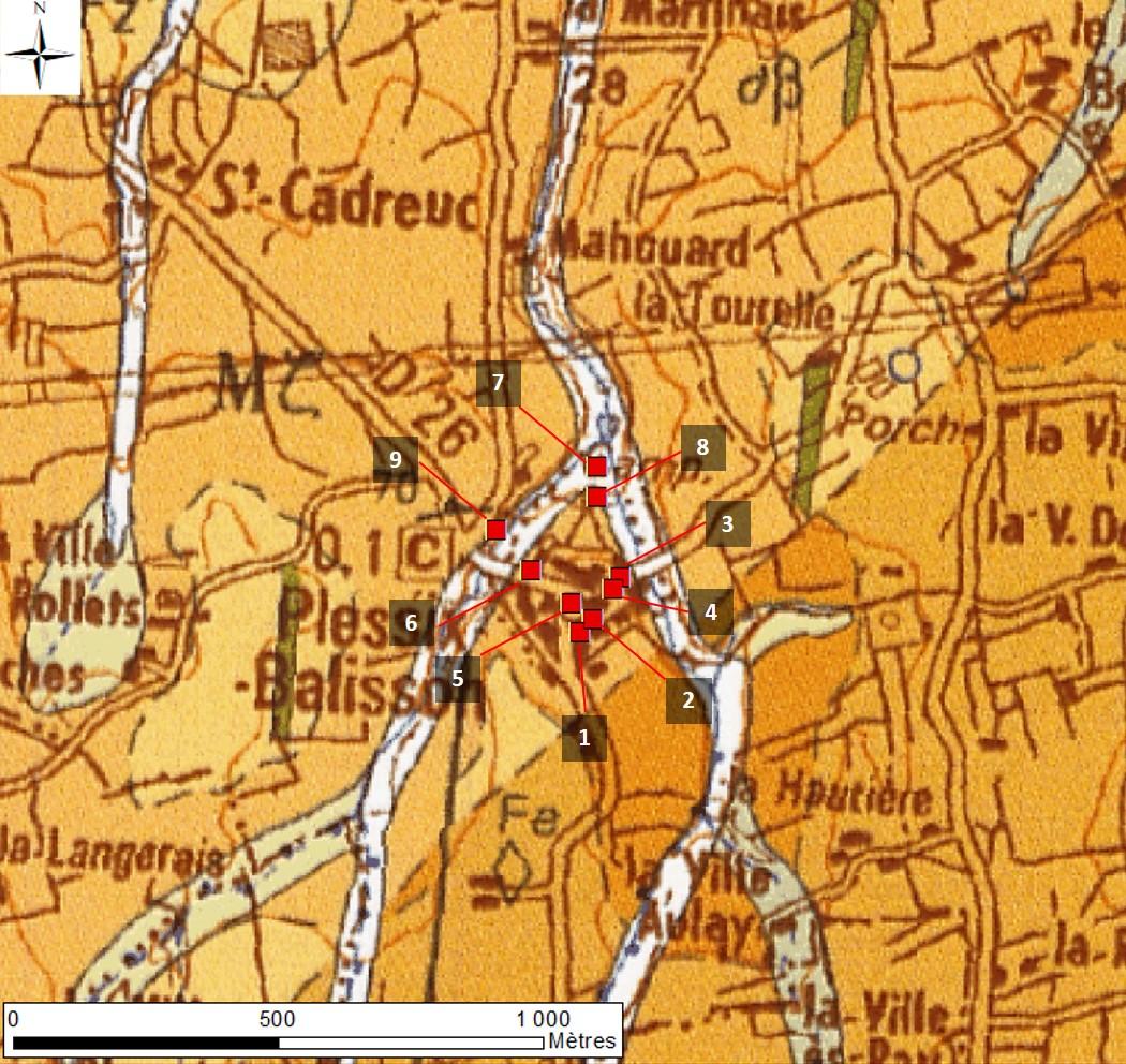 Extrait de la carte géologique (1/50 000, Feuille DINAN n°245, édition BRGM) du bourg du Plessix-Balisson avec la localisation des arrêts de l’excursion