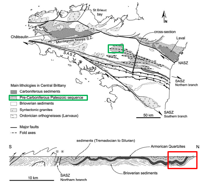 Géologie simplifiée du centre Bretagne et coupe géologique