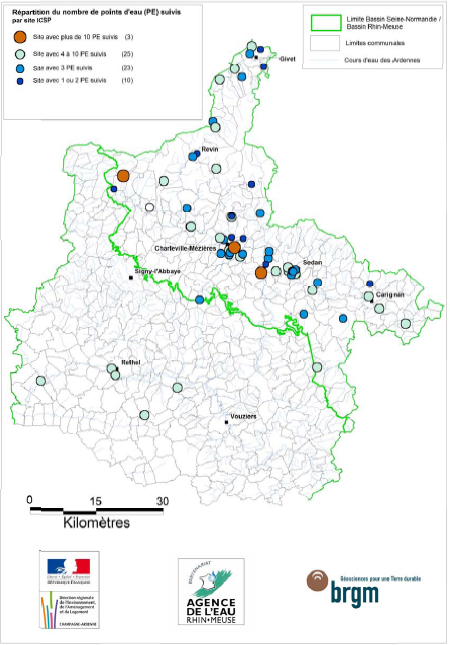 Répartition du nombre de points d’eau suivis par site ICSP dans les Ardennes (Rapport BRGM/RP-59139-FR)