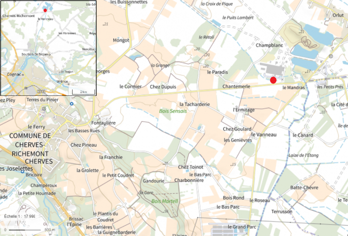 Carte de localisation du site "Carrières de Champblanc" (commune de Cherves-Richemont)
