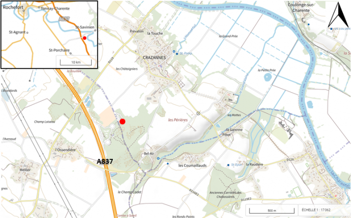 Carte de localisation du site "Carrières de Crazannes" (commune de Crazannes)