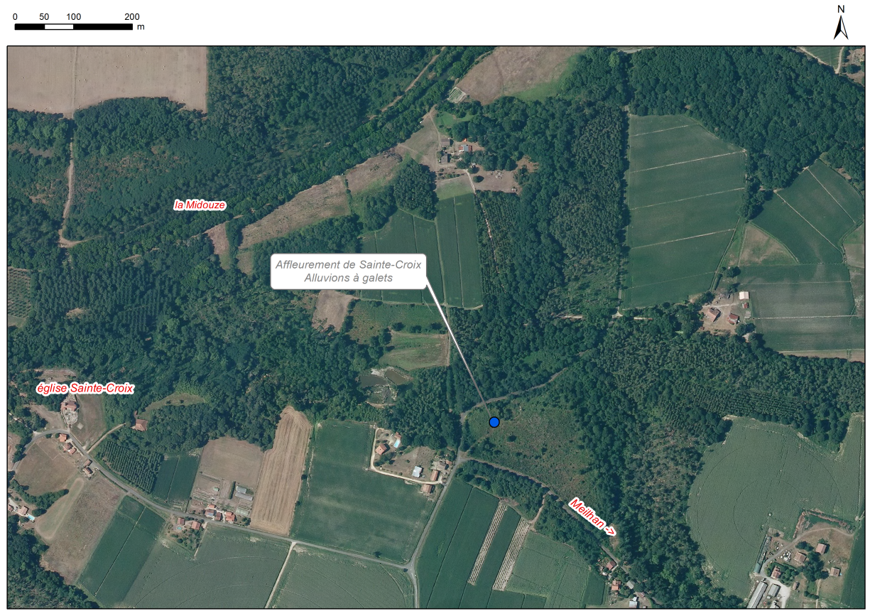 Localisation des affleurements décrits pour le site "Affleurement de Sainte-Croix" (commune de Carcarès-Sainte-Croix)