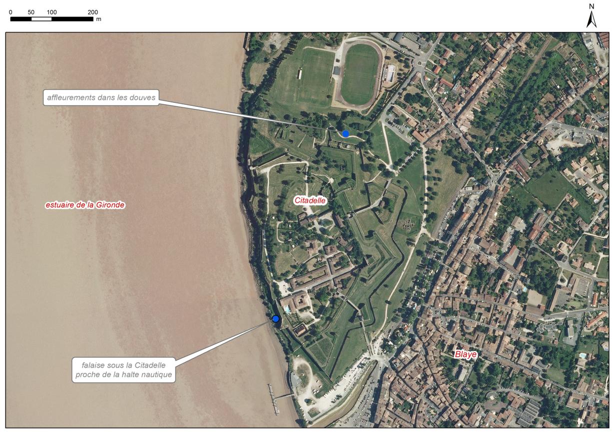 Localisation des affleurements décrits pour le site "Citadelle de Blaye" (commune de Blaye)