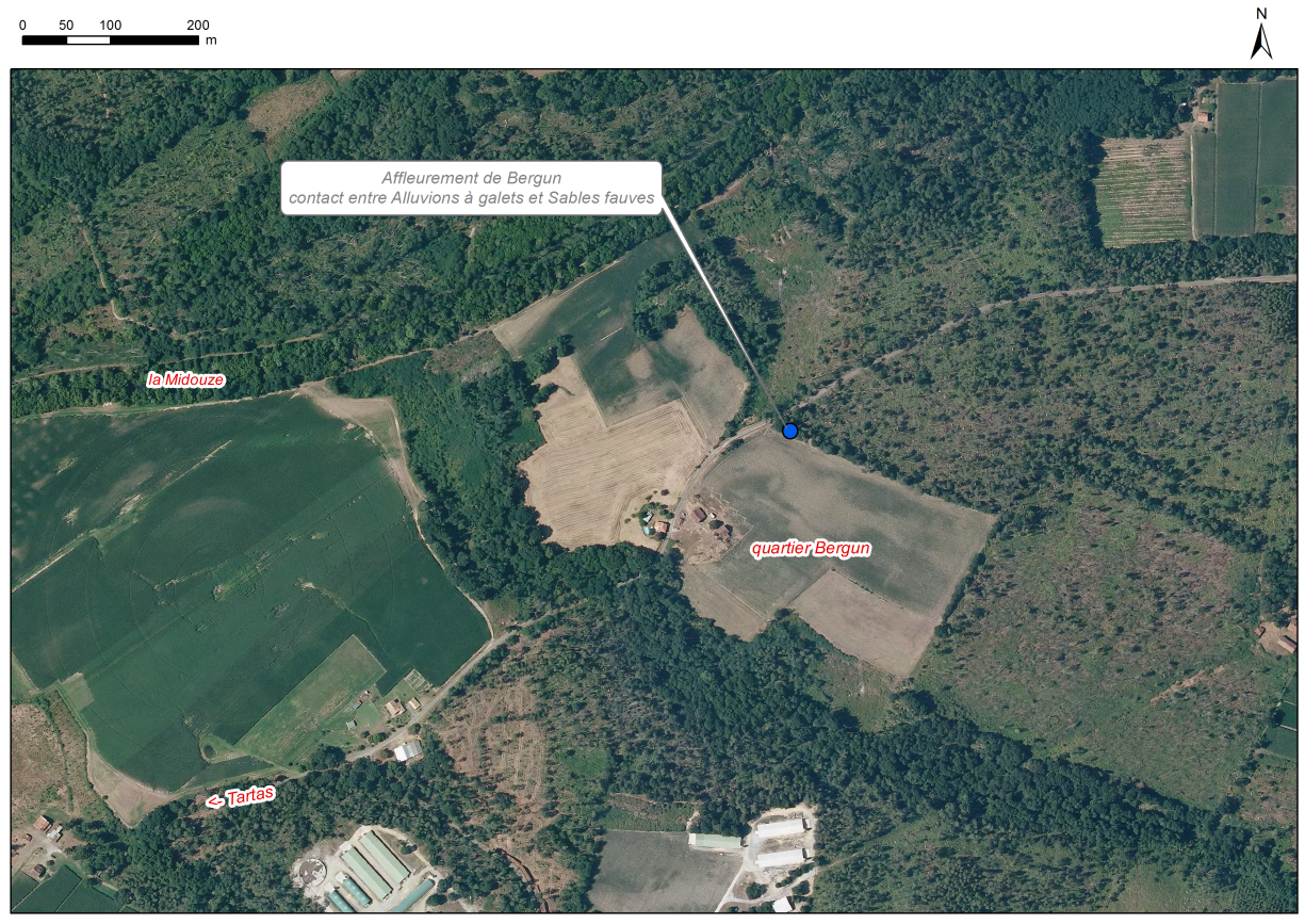 Localisation des affleurements décrits pour le site "Affleurement de Bergun" (commune de Carcarès-Sainte-Croix)