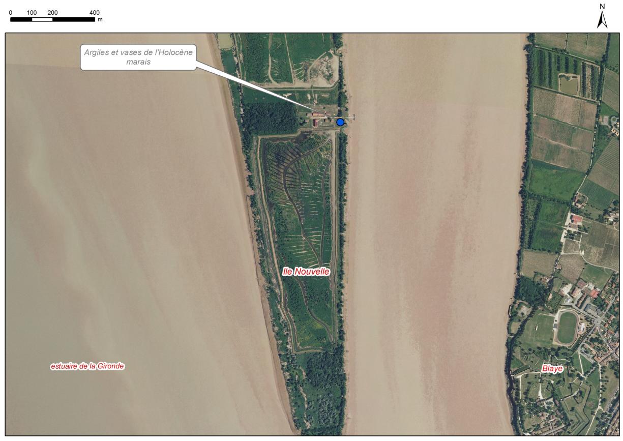 Localisation des affleurements décrits pour le site "Marais Ile Nouvelle" (communes de Blaye et Saint-Genès-de-Blaye)