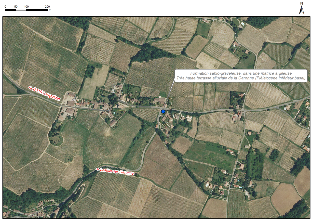Localisation des affleurements décrits pour le site "Les très hautes terrasses alluviales de la Garonne" (commune de Langoiran)