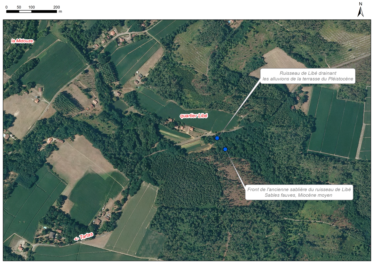 Localisation des affleurements décrits pour le site "Ancienne sablière du ruisseau de Libé" (commune de Carcarès-Sainte-Croix)