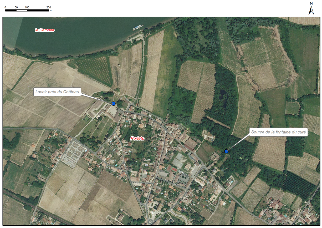 Localisation des affleurements décrits pour le site "Les sources en rive gauche de la Garonne" (commune de Portets)