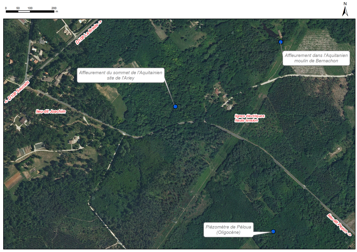 Localisation des affleurements décrits pour les sites "Site de Péloua", Site du Moulin de Bernachon" et "Site de l'Ariey" (commune de Saucats)