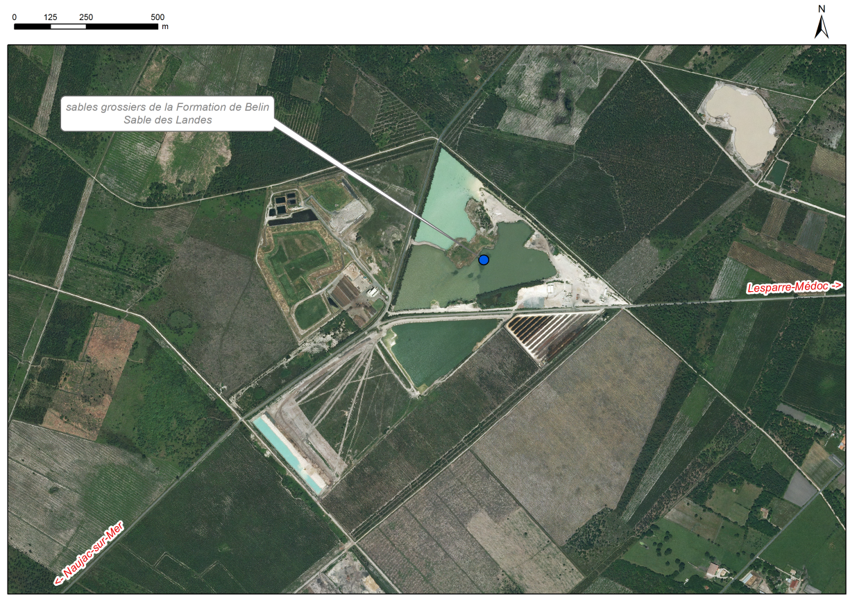 Localisation des affleurements décrits pour le site "Sablière des Landes de Pouyère" (commune de Naujac-sur-Mer)