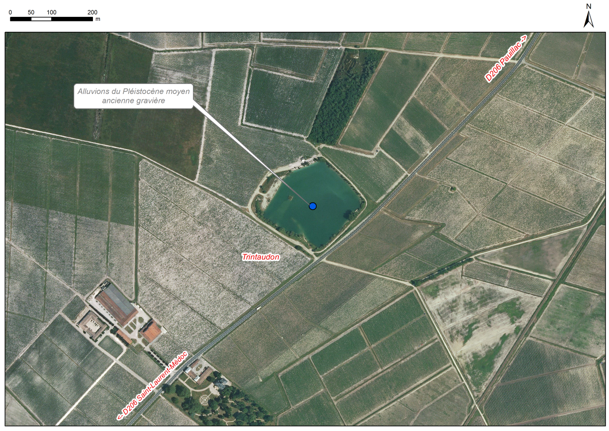 Localisation des affleurements décrits pour le site "Ancienne gravière du Trintaudon" (commune de Pauillac)