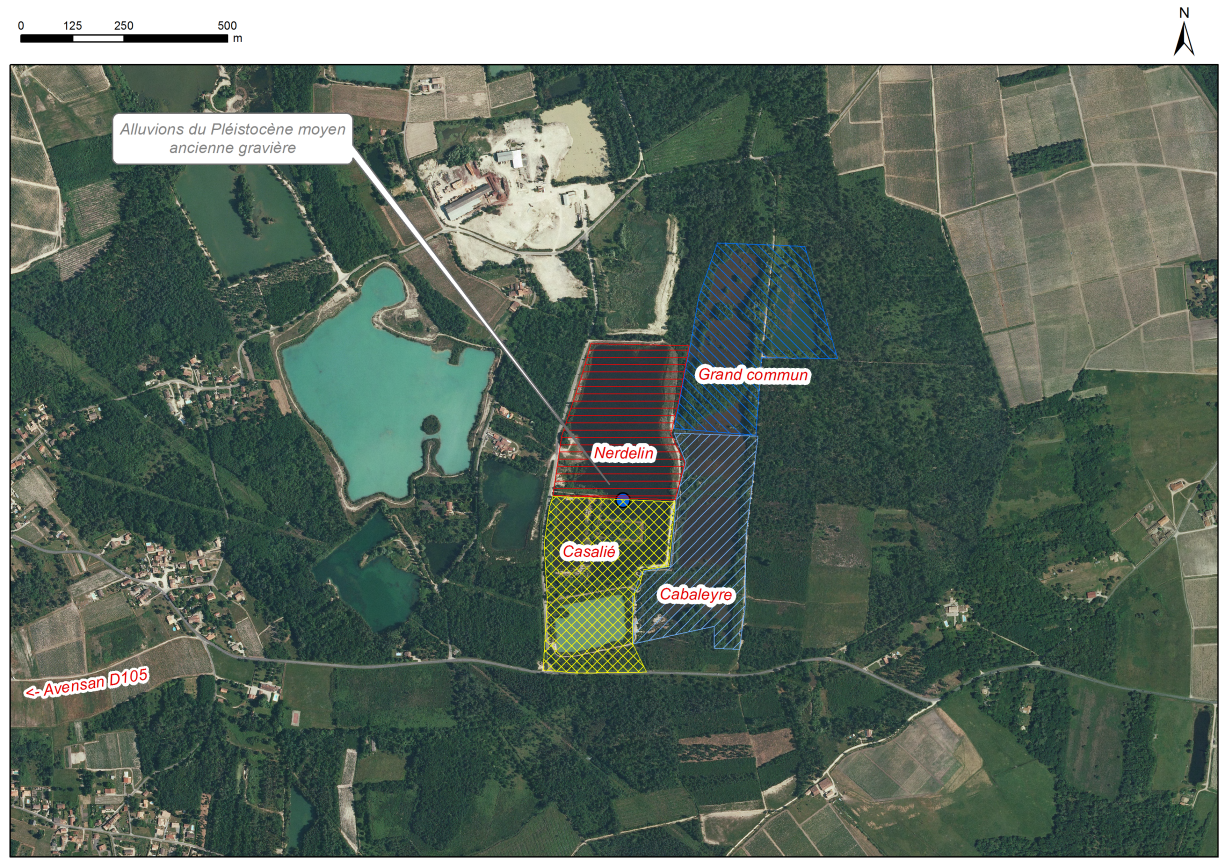 Localisation des affleurements décrits pour le site "Anciennes gravières de Casalié et Nerdelin" (commune d'Avensan)