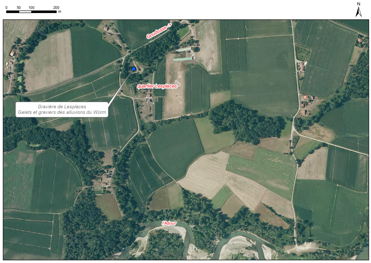 Localisation des affleurements décrits pour le site "Ancienne gravière de Lesplaces" (commune de Souprosse)