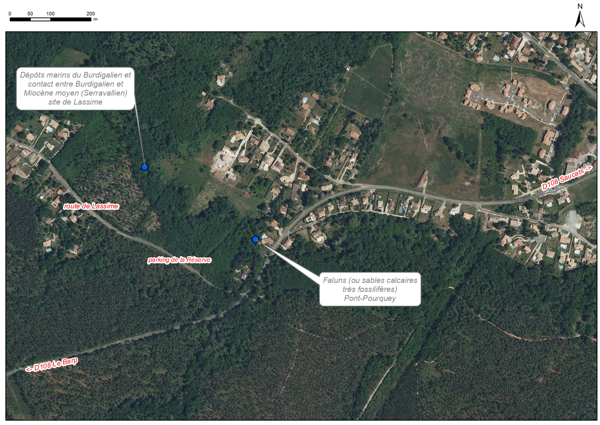 Localisation des affleurements décrits pour les sites "Site du Pont Pourquey" et "Site de Lassime" (commune de Saucats)