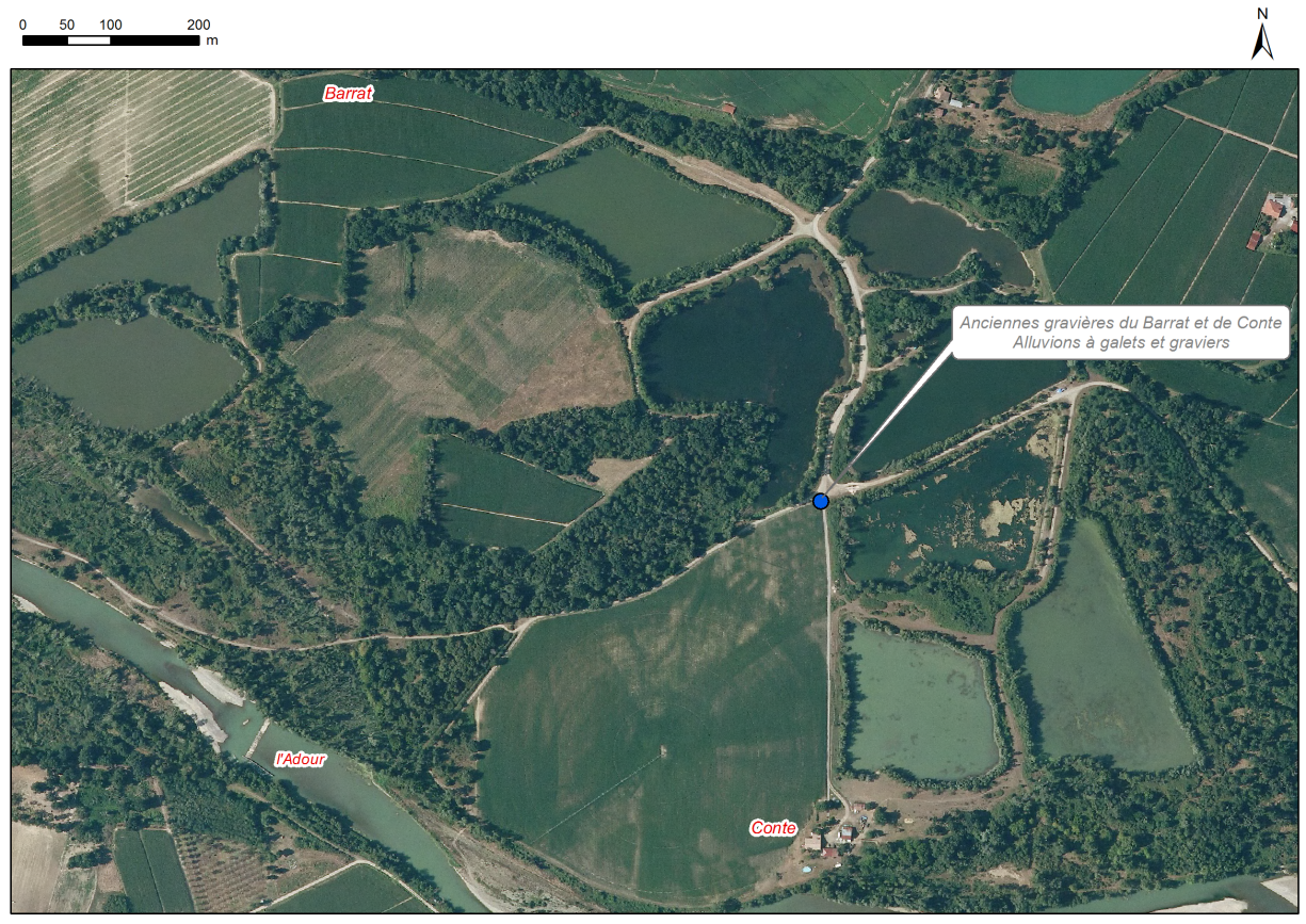 Localisation des affleurements décrits pour le site "Anciennes gravières du Barrat et de Conte" (commune de Cauna)