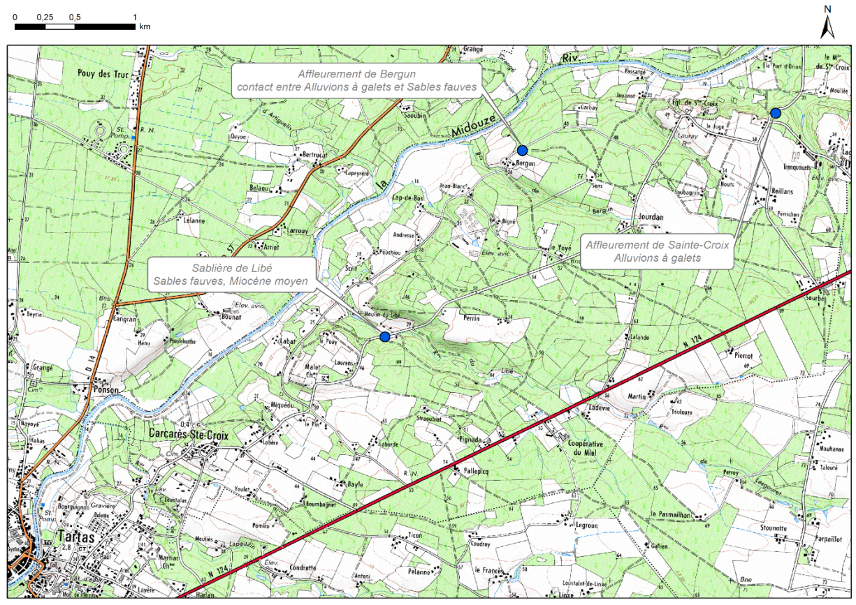 Carte de localisation des sites "Affleurement de Sainte-Croix", "Affleurement de Bergun" et "Ancienne sablière du ruisseau de Libé"(commune de Carcarès-Sainte-Croix)