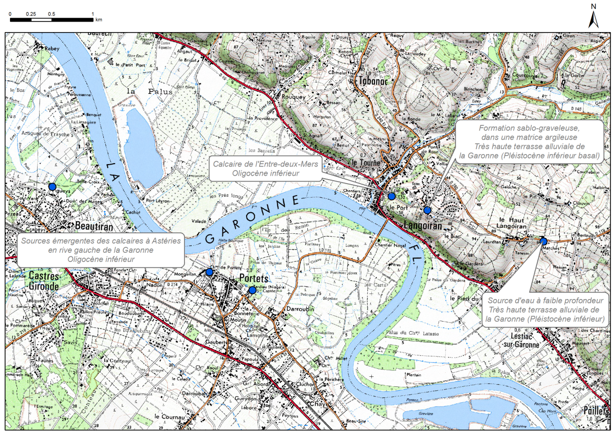 Carte de localisation des sotes "Côte de la Ruasse", "Les très hautes terrasses alluviales de la Garonne" et "Les sources en rive gauche de la Garonne" (communes de Langoiran et Portets)