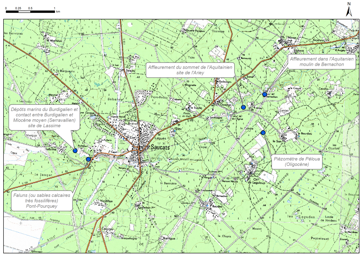 Carte de localisation des sites "Site de Péloua", "Site du Moulin de Bernachon", "Site de l'Arquey", "Site de Pont Pourquey" et "Site de Lassime" (commune de Saucats)