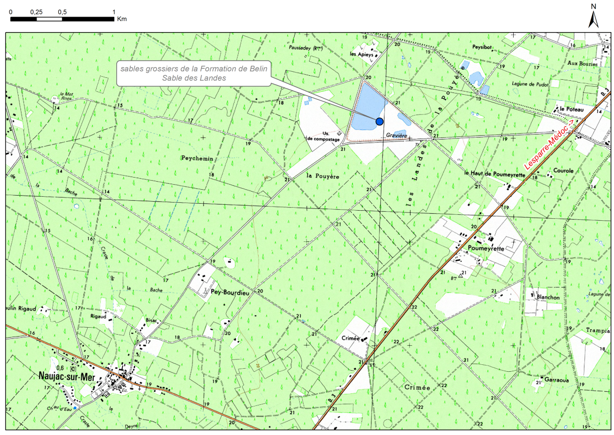 Carte de localisation du site "Sablière des Landes de Pouyère" (commune de Naujac-sur-Mer)