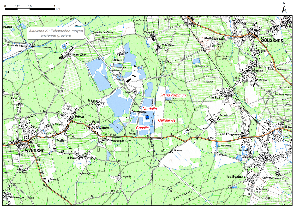 Carte de localisation du site "Anciennes gravières de Casalié et Nerdelin" (commune d'Avensan)