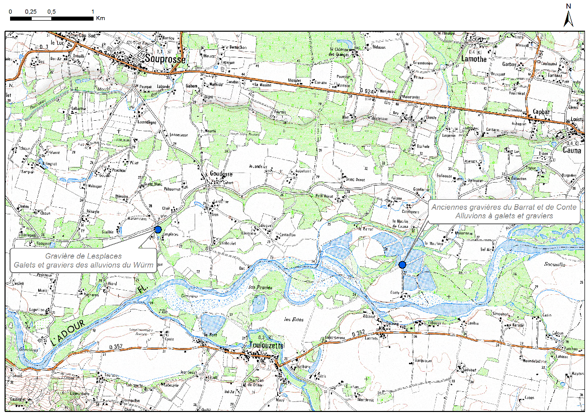 Carte de localisation du site "Anciennes gravières du Barrat et de Conte" (commune de Cauna)