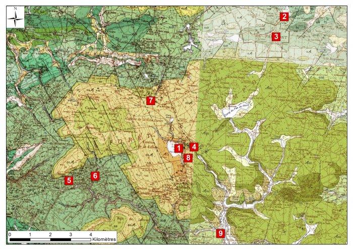 Localisation des différents arrêts de la balade de Paimpont sur les cartes géologiques au 1/50 000 du secteur