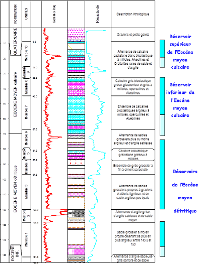 Coupe géologique synthétique des réservoirs de l'Eocène moyen en Médoc
